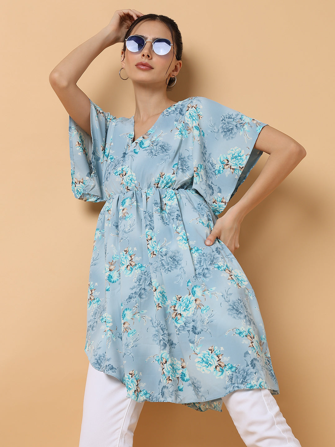 Women's Blue Floral Chiffon Fit and Flare Top