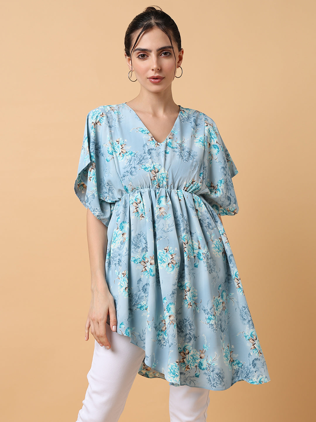 Women's Blue Floral Chiffon Fit and Flare Top
