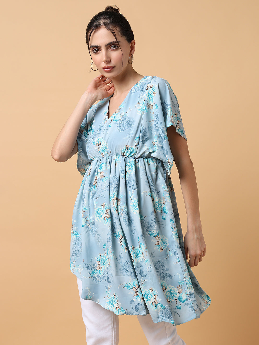 Women's Blue Floral Chiffon Fit and Flare Top