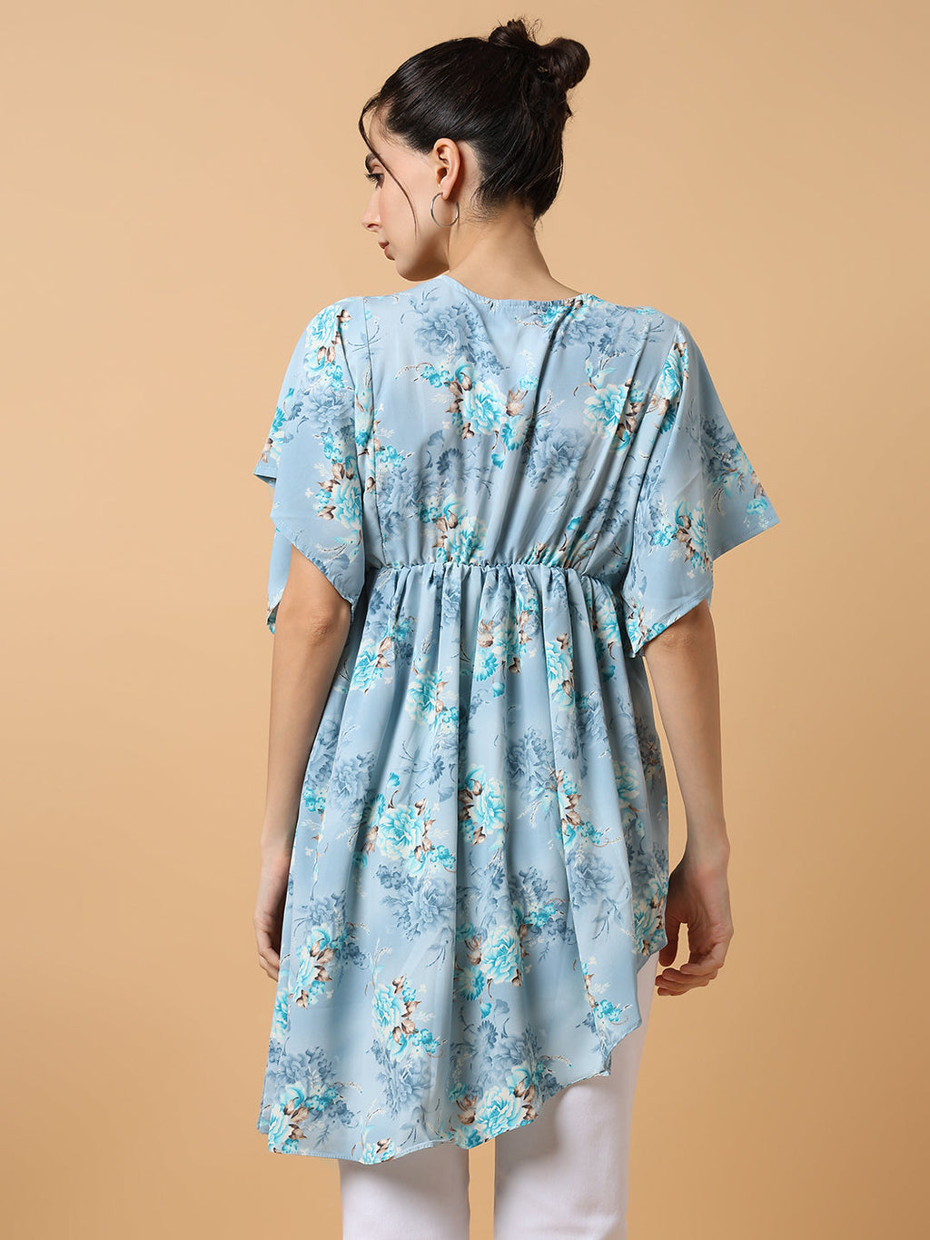 Women's Blue Floral Chiffon Fit and Flare Top