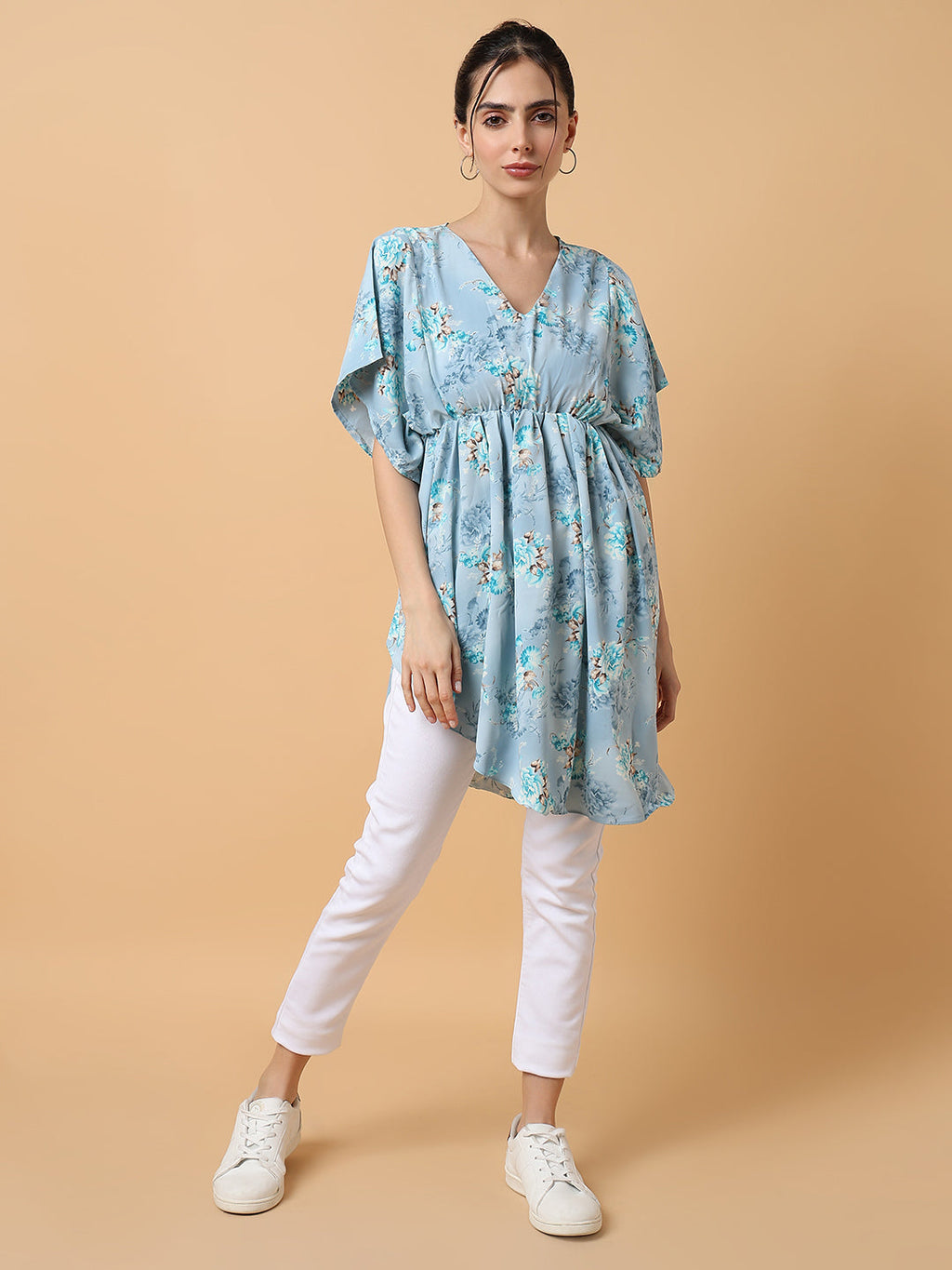 Women's Blue Floral Chiffon Fit and Flare Top