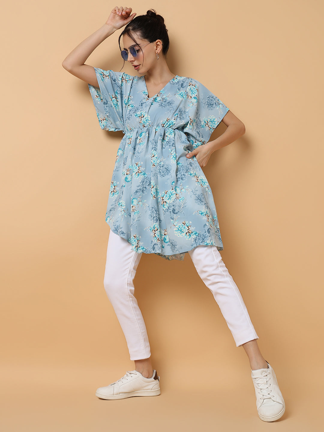 Women's Blue Floral Chiffon Fit and Flare Top