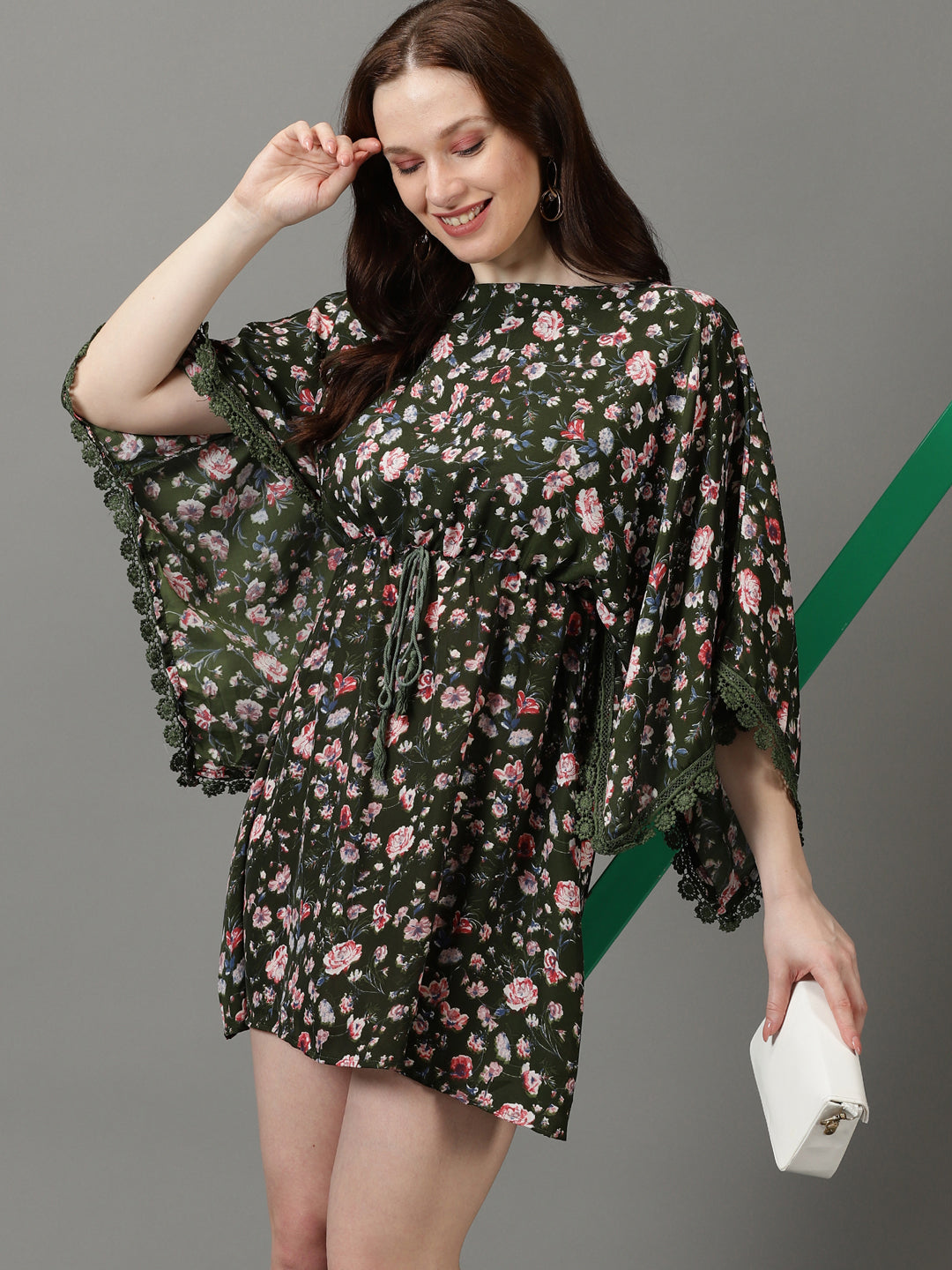 Women's Olive Floral Printed Kimono Sleeves Lace Inserts Kaftan Dress