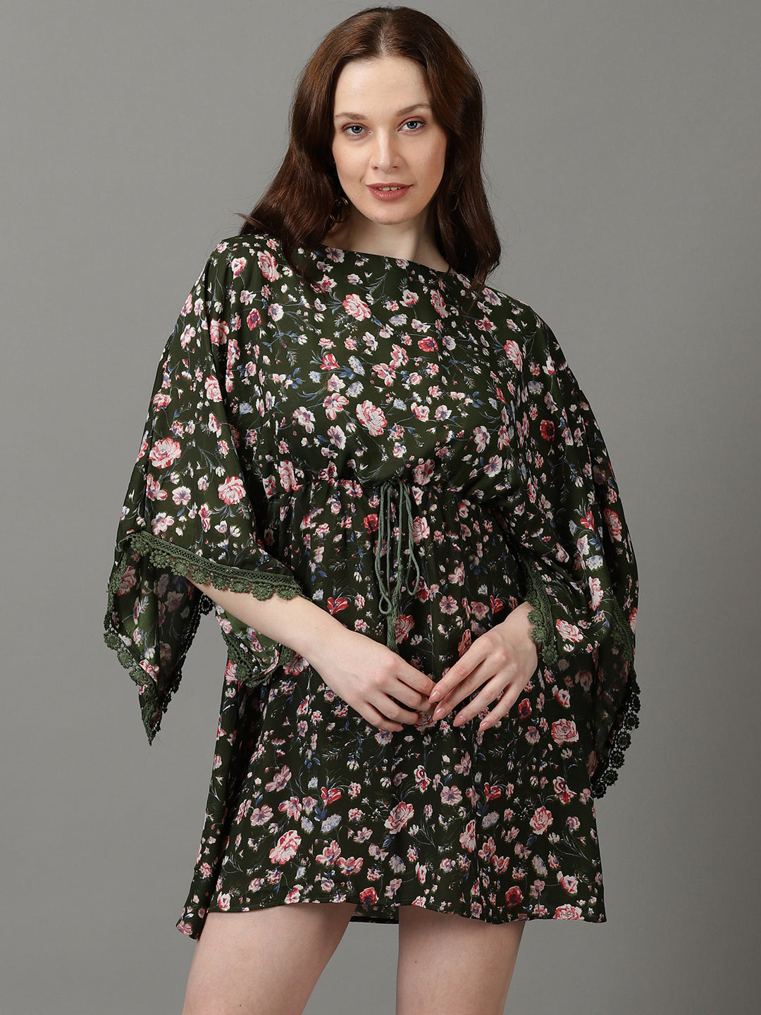Women's Olive Floral Printed Kimono Sleeves Lace Inserts Kaftan Dress