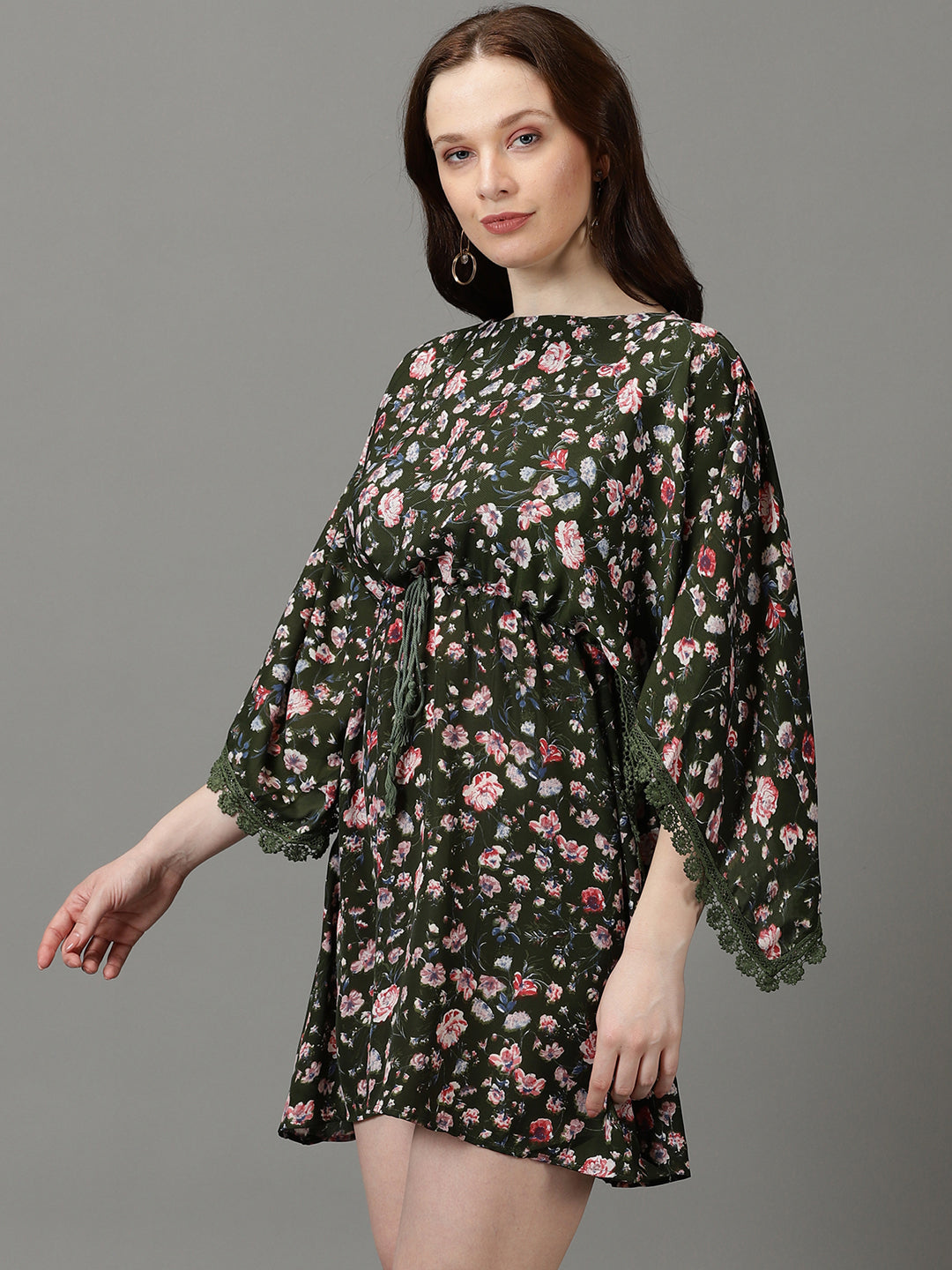 Women's Olive Floral Printed Kimono Sleeves Lace Inserts Kaftan Dress