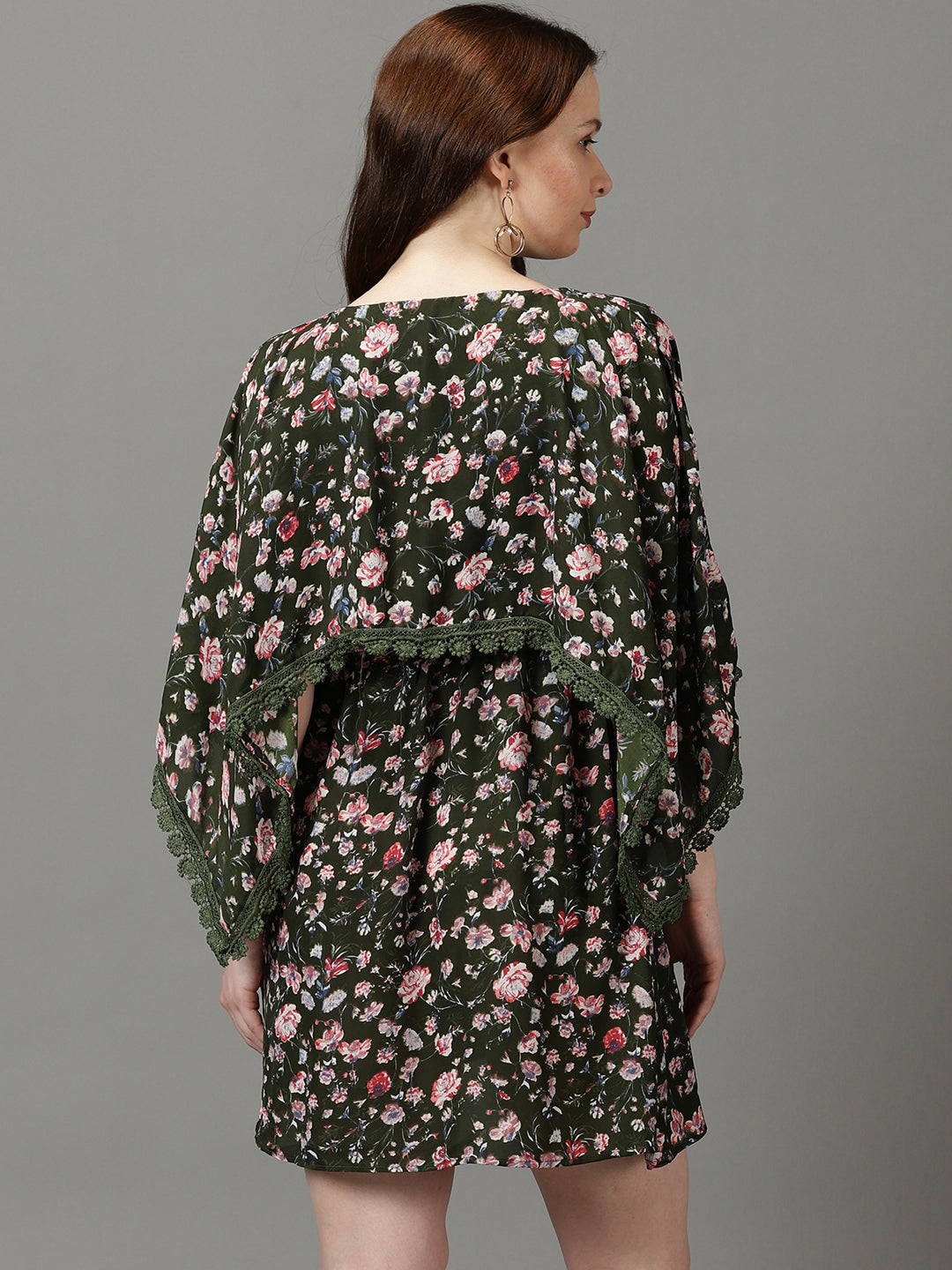 Women's Olive Floral Printed Kimono Sleeves Lace Inserts Kaftan Dress