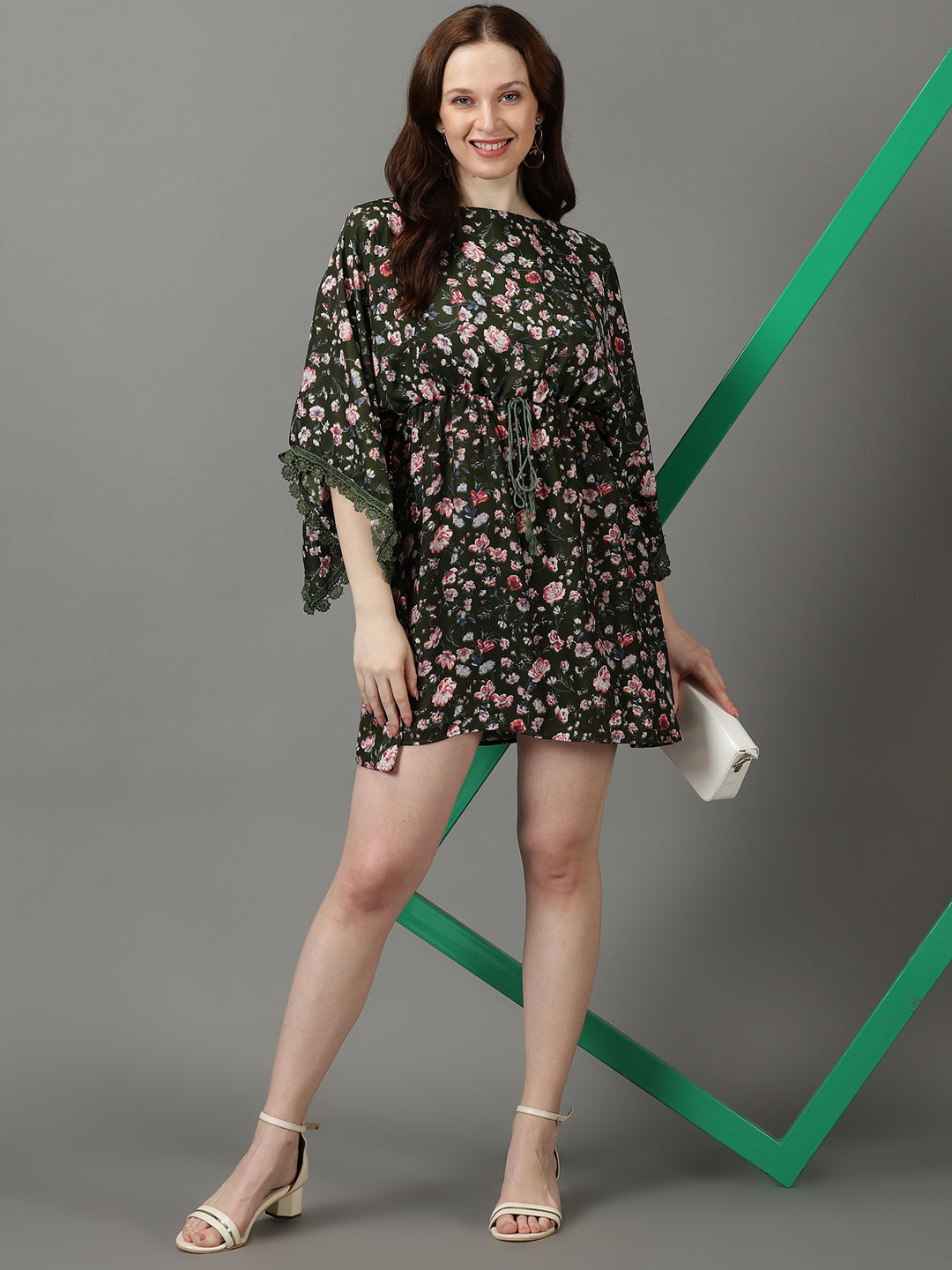 Women's Olive Floral Printed Kimono Sleeves Lace Inserts Kaftan Dress