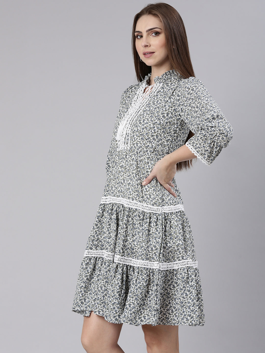 Women's Grey Floral Printed Tie-Up Neck Puff Sleeves Fit & Flare Dress