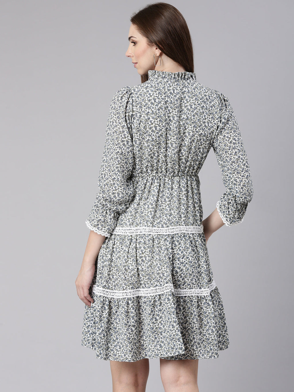 Women's Grey Floral Printed Tie-Up Neck Puff Sleeves Fit & Flare Dress