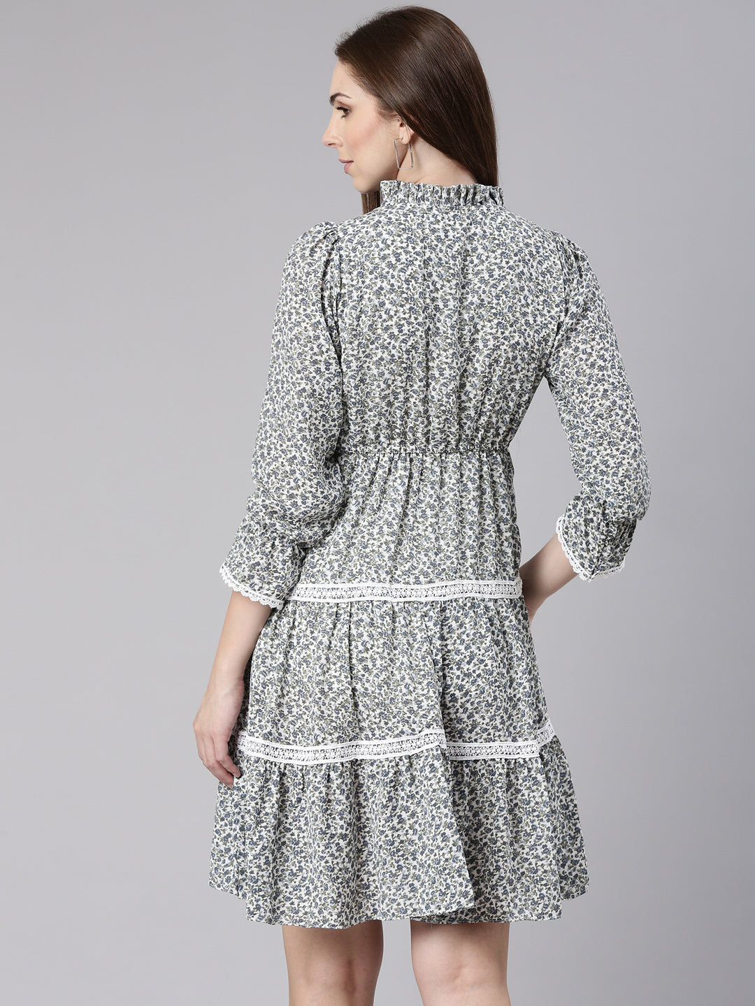 Women's Grey Floral Printed Tie-Up Neck Puff Sleeves Fit & Flare Dress