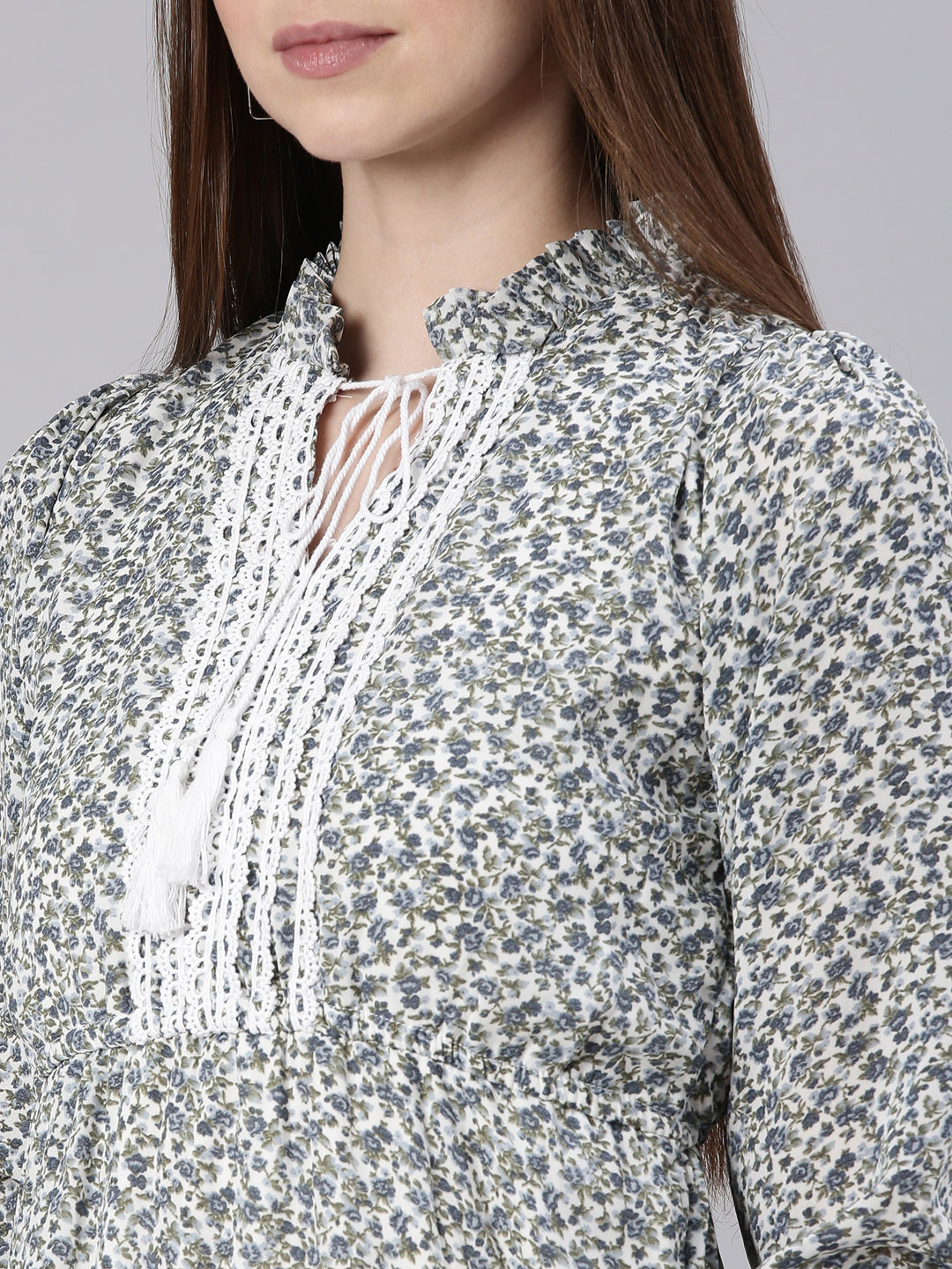 Women's Grey Floral Printed Tie-Up Neck Puff Sleeves Fit & Flare Dress