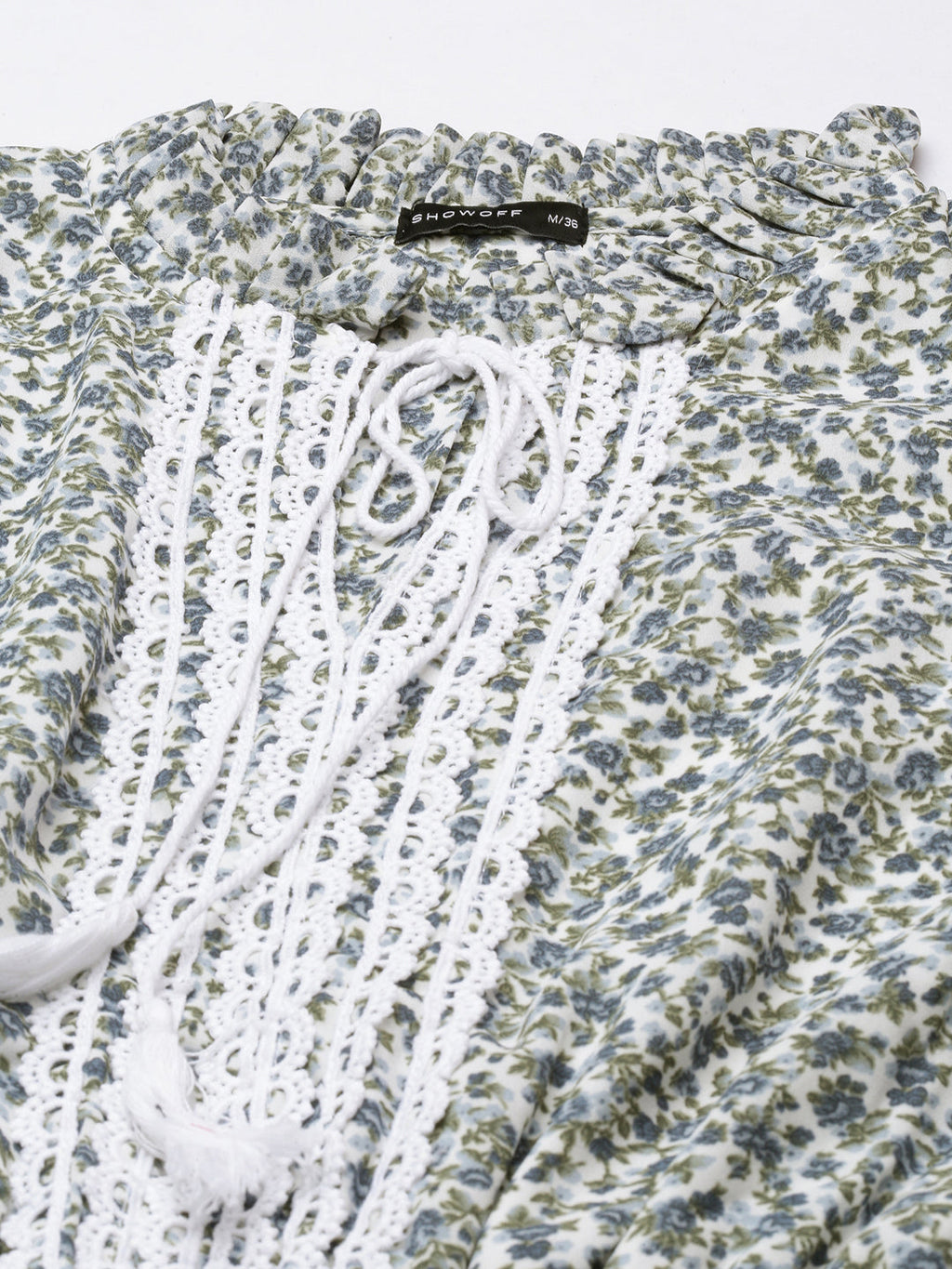 Women's Grey Floral Printed Tie-Up Neck Puff Sleeves Fit & Flare Dress