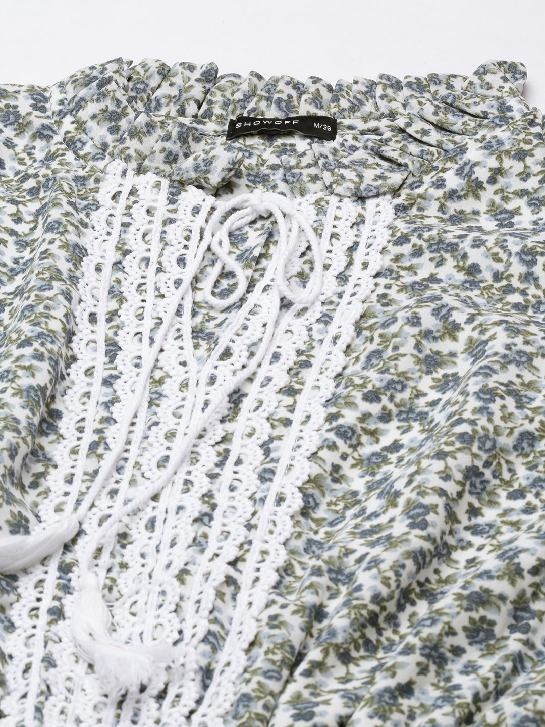 Women's Grey Floral Printed Tie-Up Neck Puff Sleeves Fit & Flare Dress