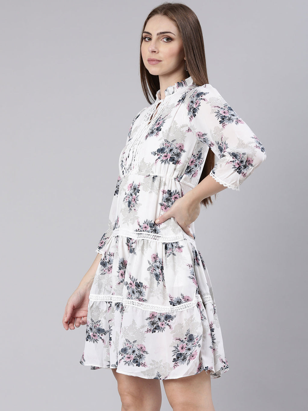 Women's White Floral Print Puff Sleeve Fit & Flare Dress