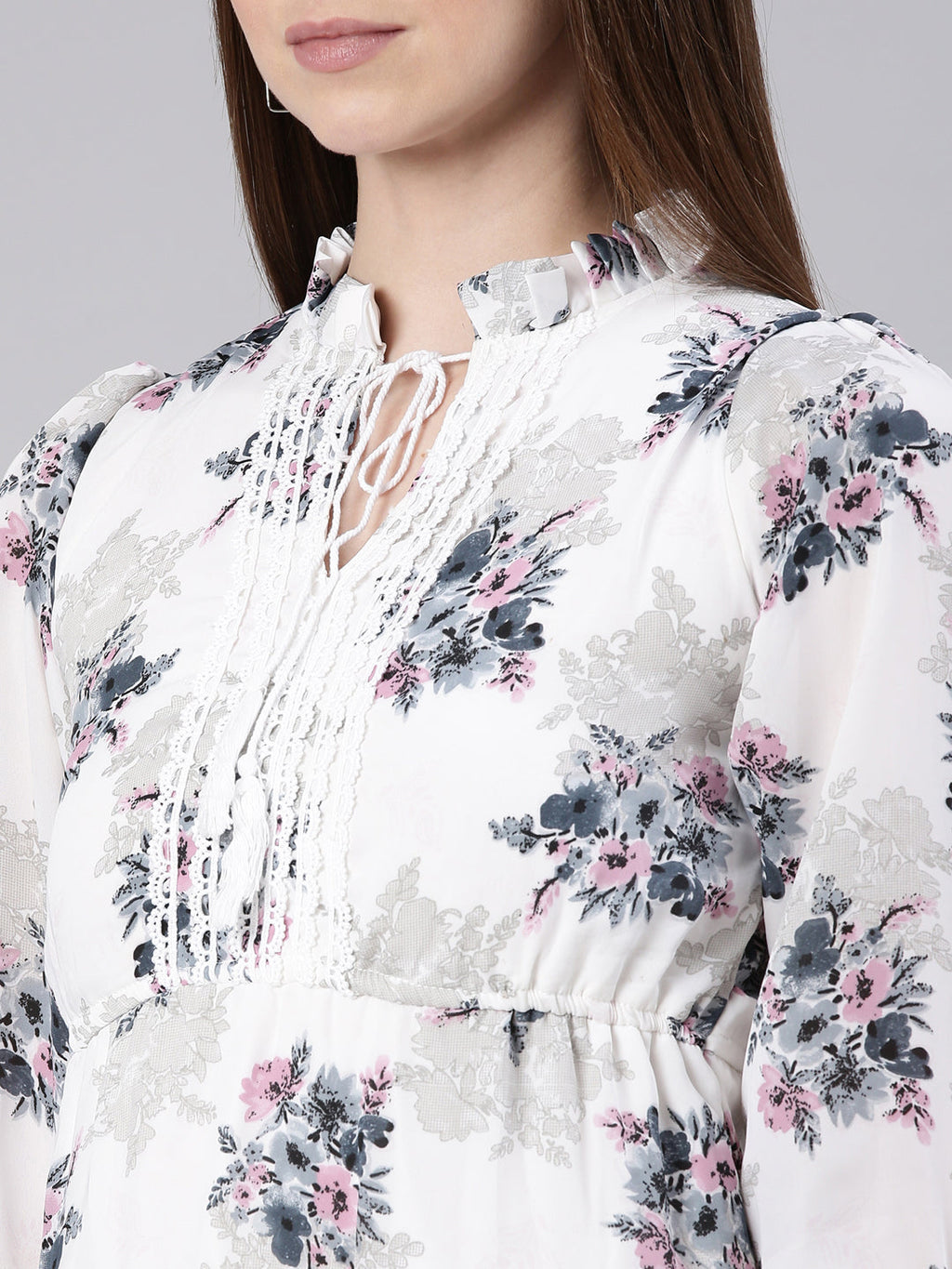 Women's White Floral Print Puff Sleeve Fit & Flare Dress