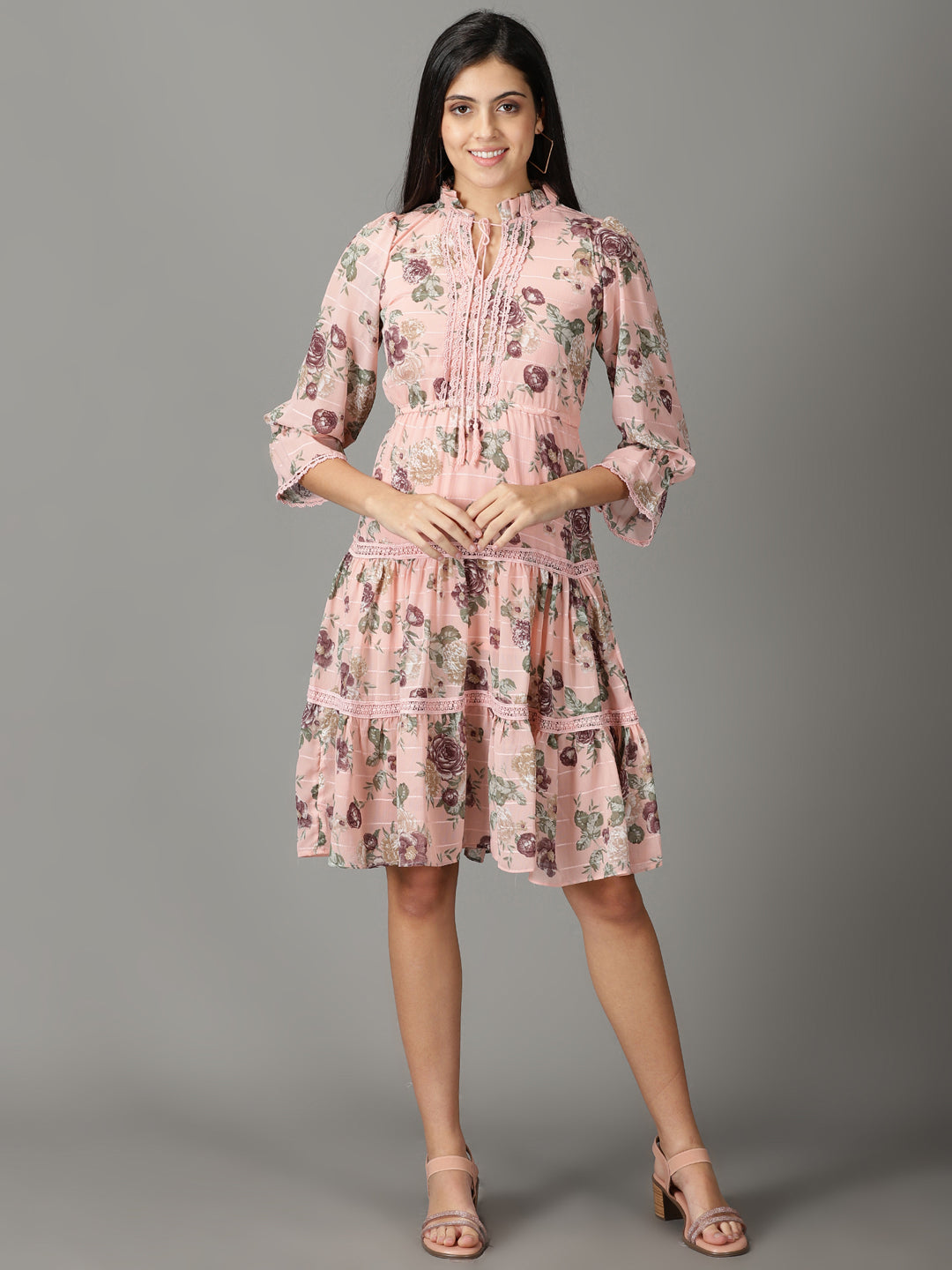 Women's Peach Floral Printed Tie-Up Neck Fit & Flare Dress