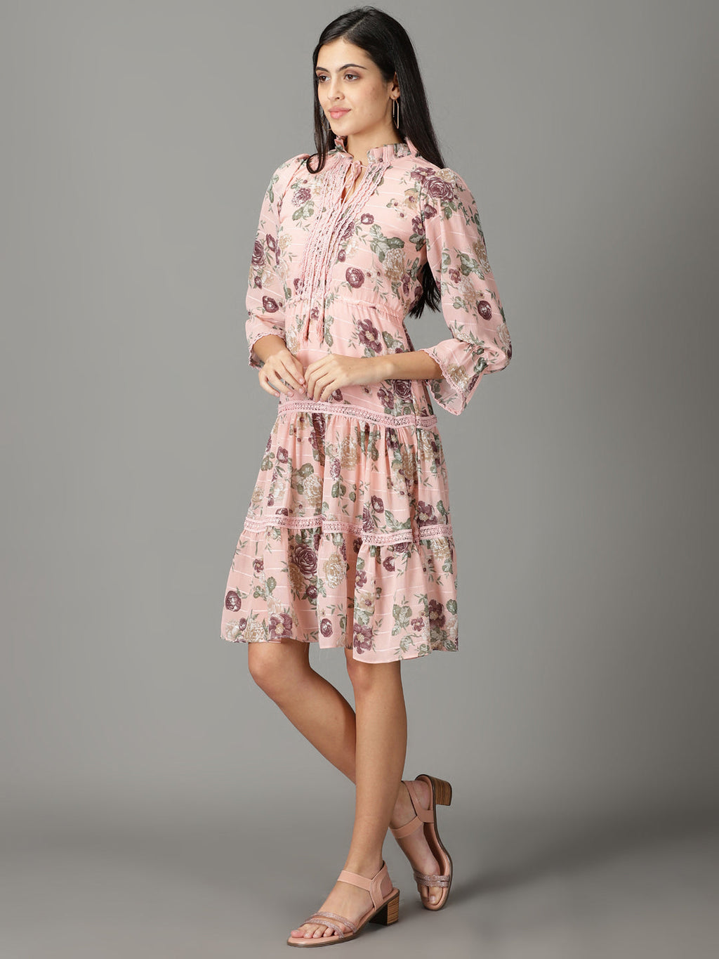 Women's Peach Floral Printed Tie-Up Neck Fit & Flare Dress
