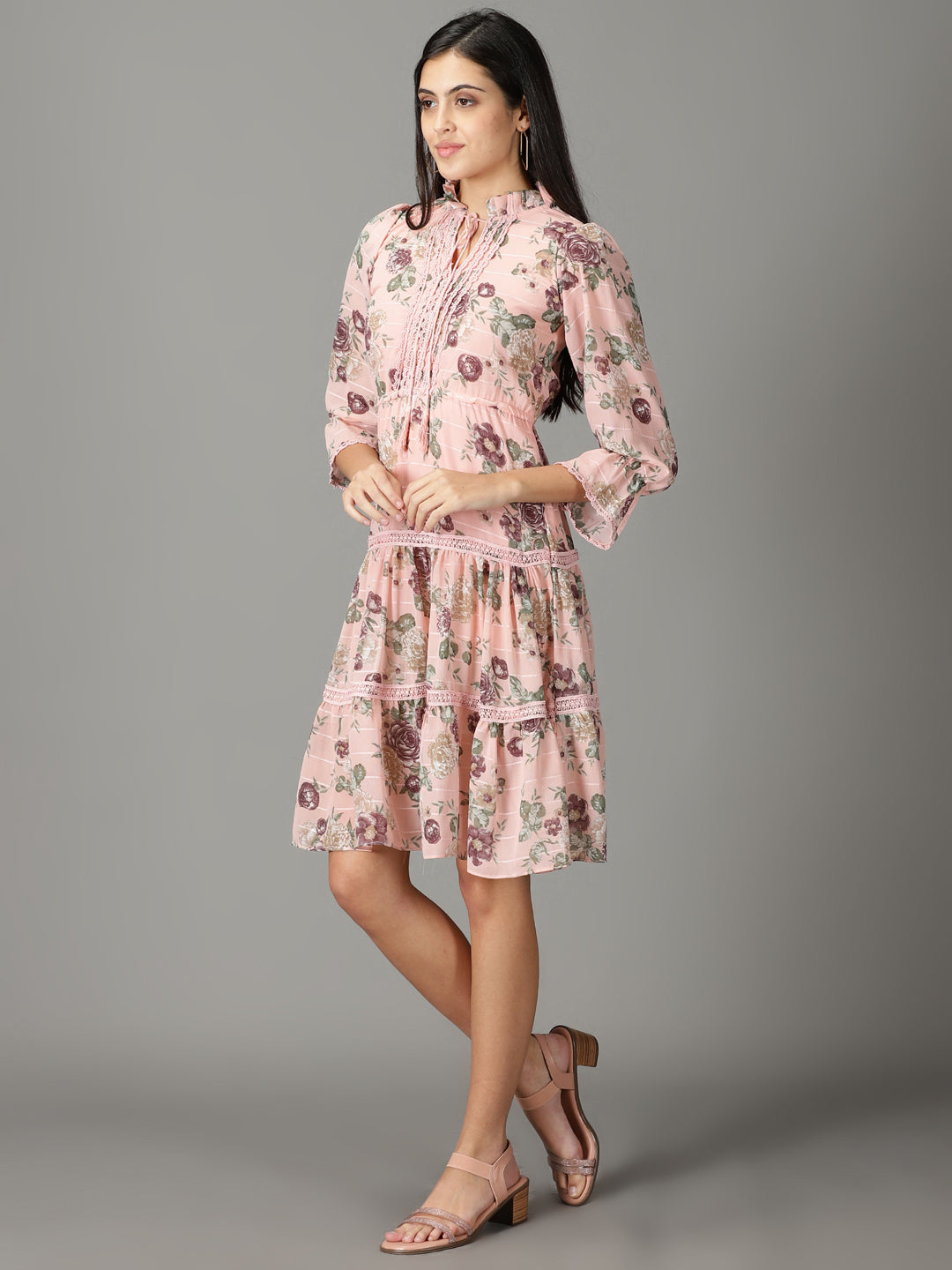 Women's Peach Floral Printed Tie-Up Neck Fit & Flare Dress