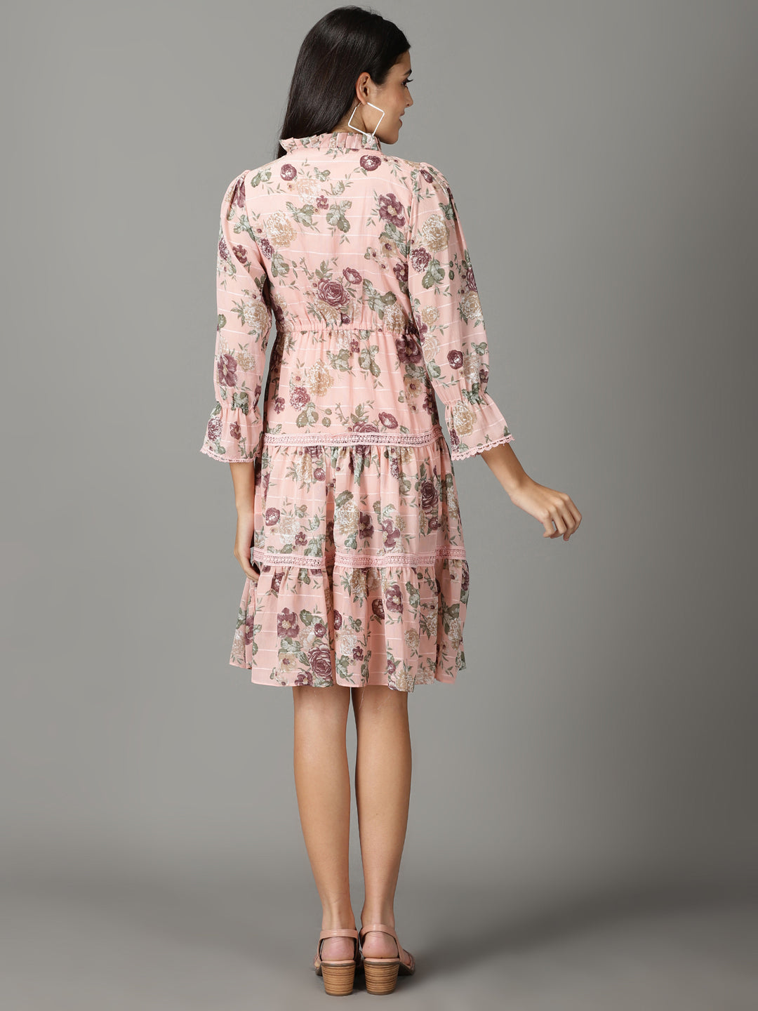 Women's Peach Floral Printed Tie-Up Neck Fit & Flare Dress