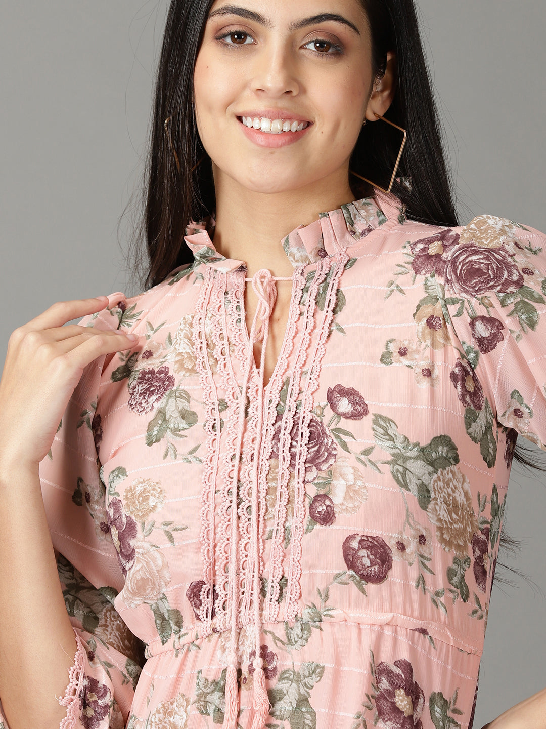 Women's Peach Floral Printed Tie-Up Neck Fit & Flare Dress