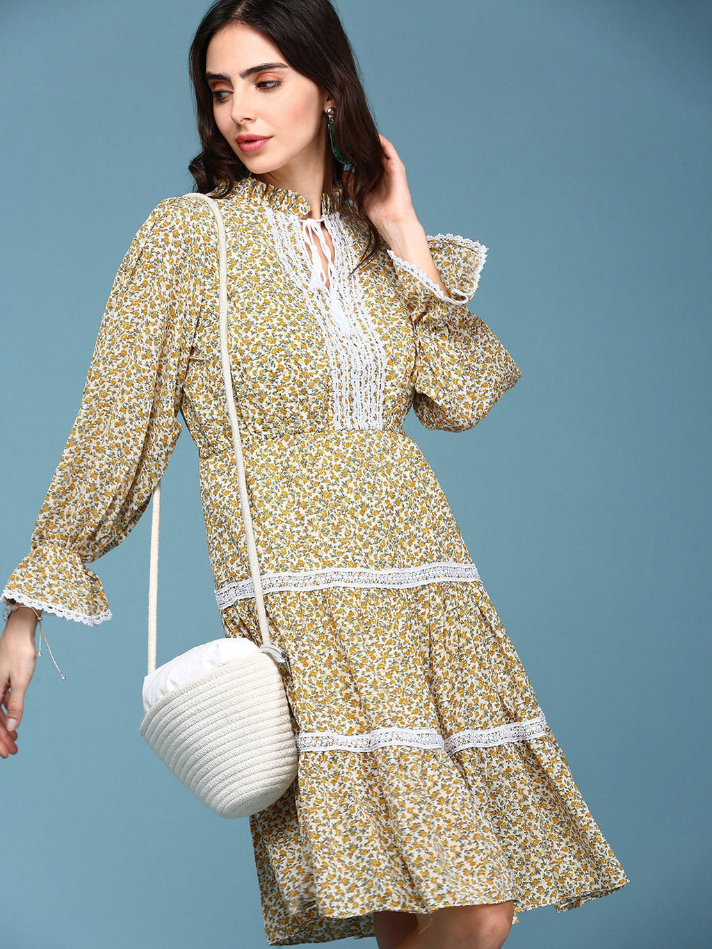 Women's Yellow Floral Printed Tie-Up Neck Lace-Inserts Tiered A-Line Dress