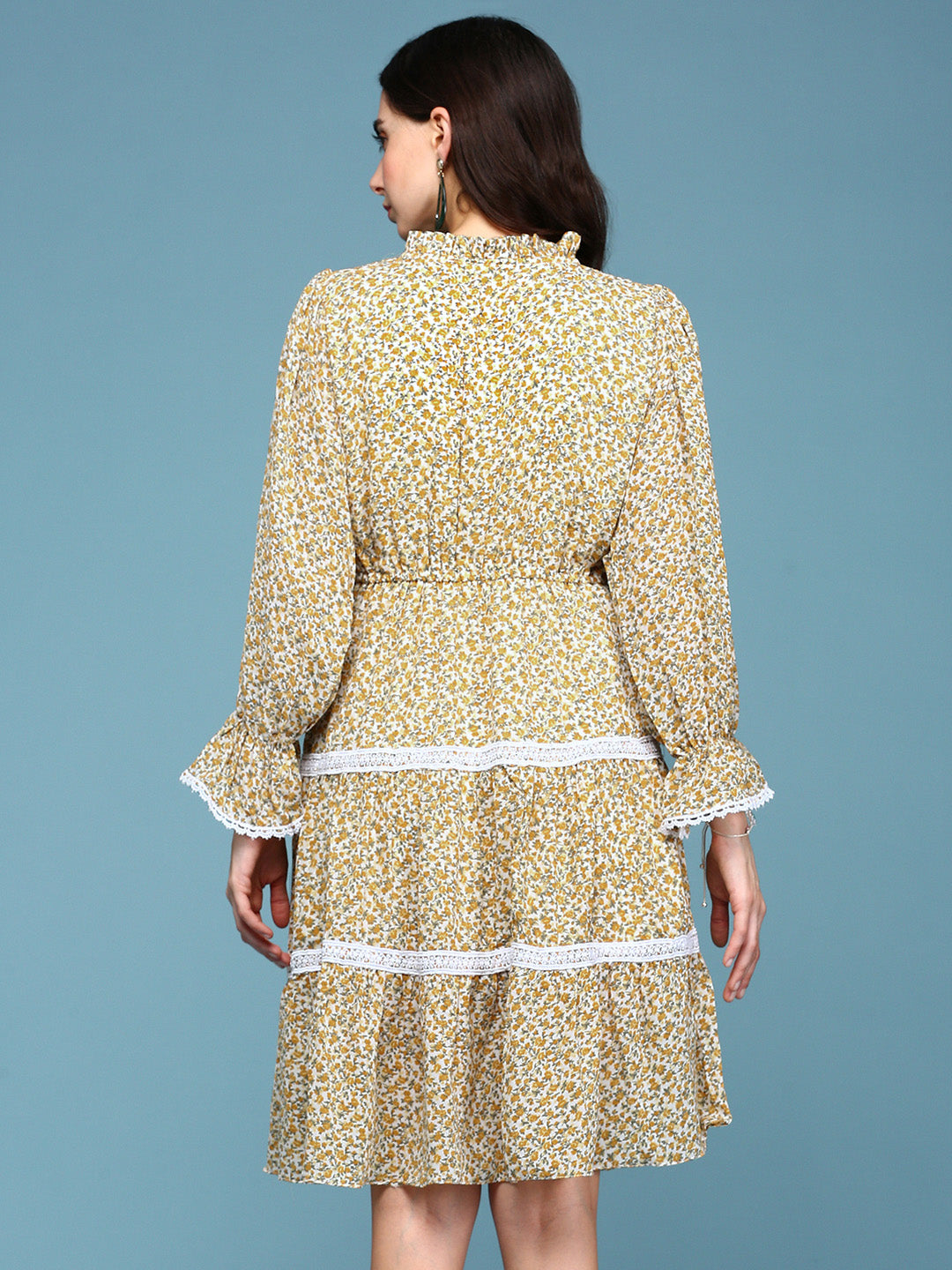 Women's Yellow Floral Printed Tie-Up Neck Lace-Inserts Tiered A-Line Dress