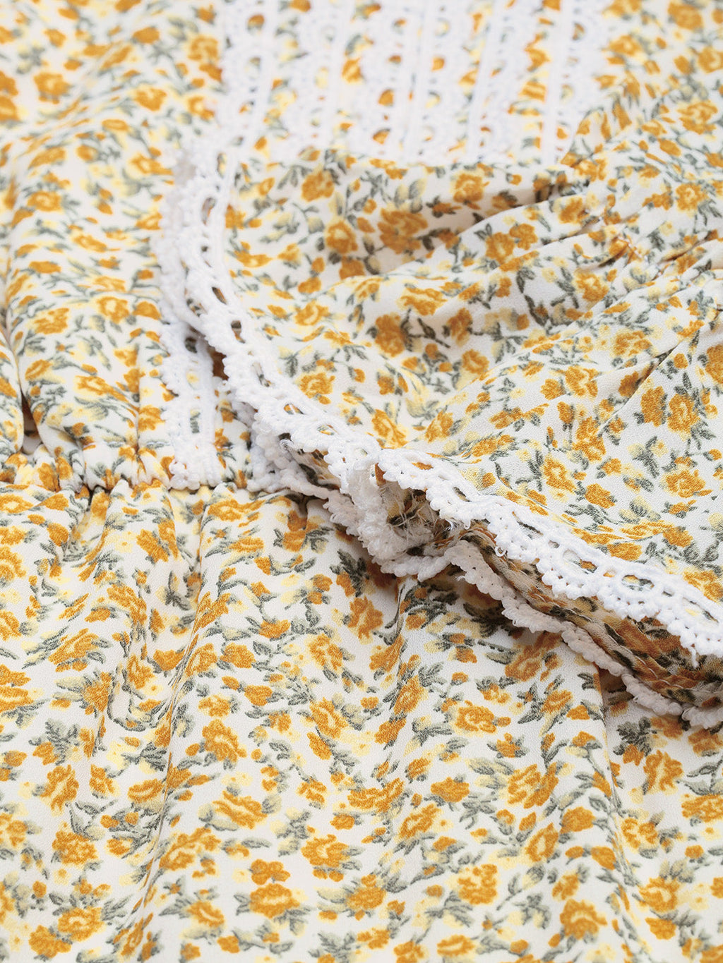 Women's Yellow Floral Printed Tie-Up Neck Lace-Inserts Tiered A-Line Dress