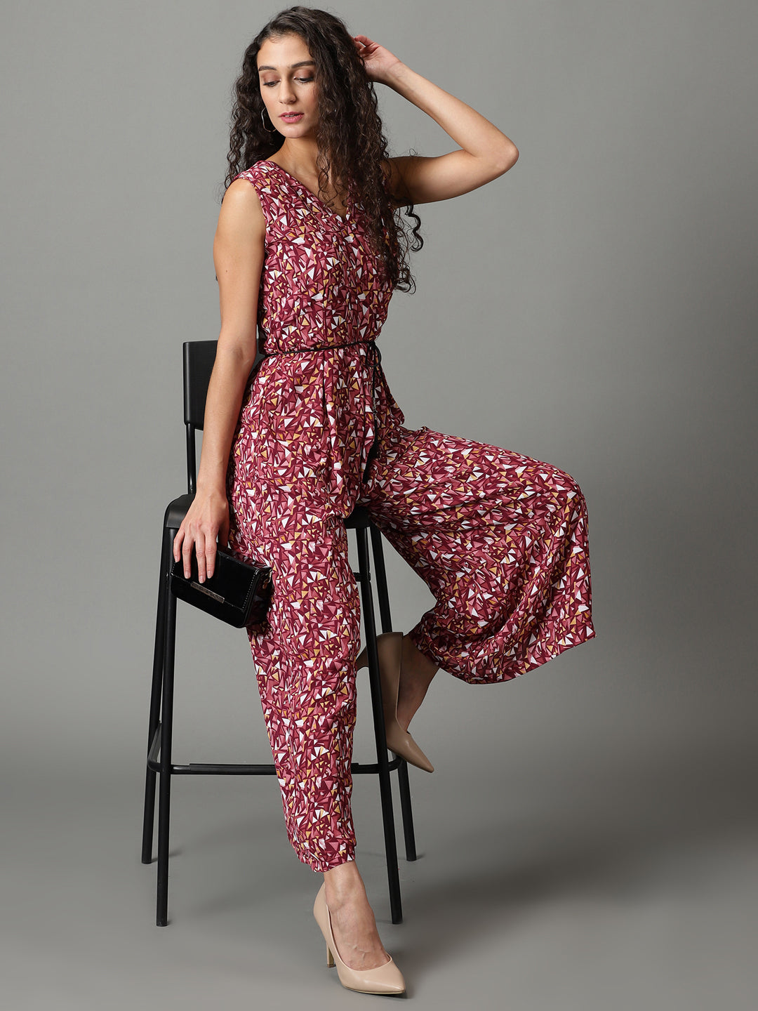 Women's Mauve Geometric Printed Culotte Jumpsuit