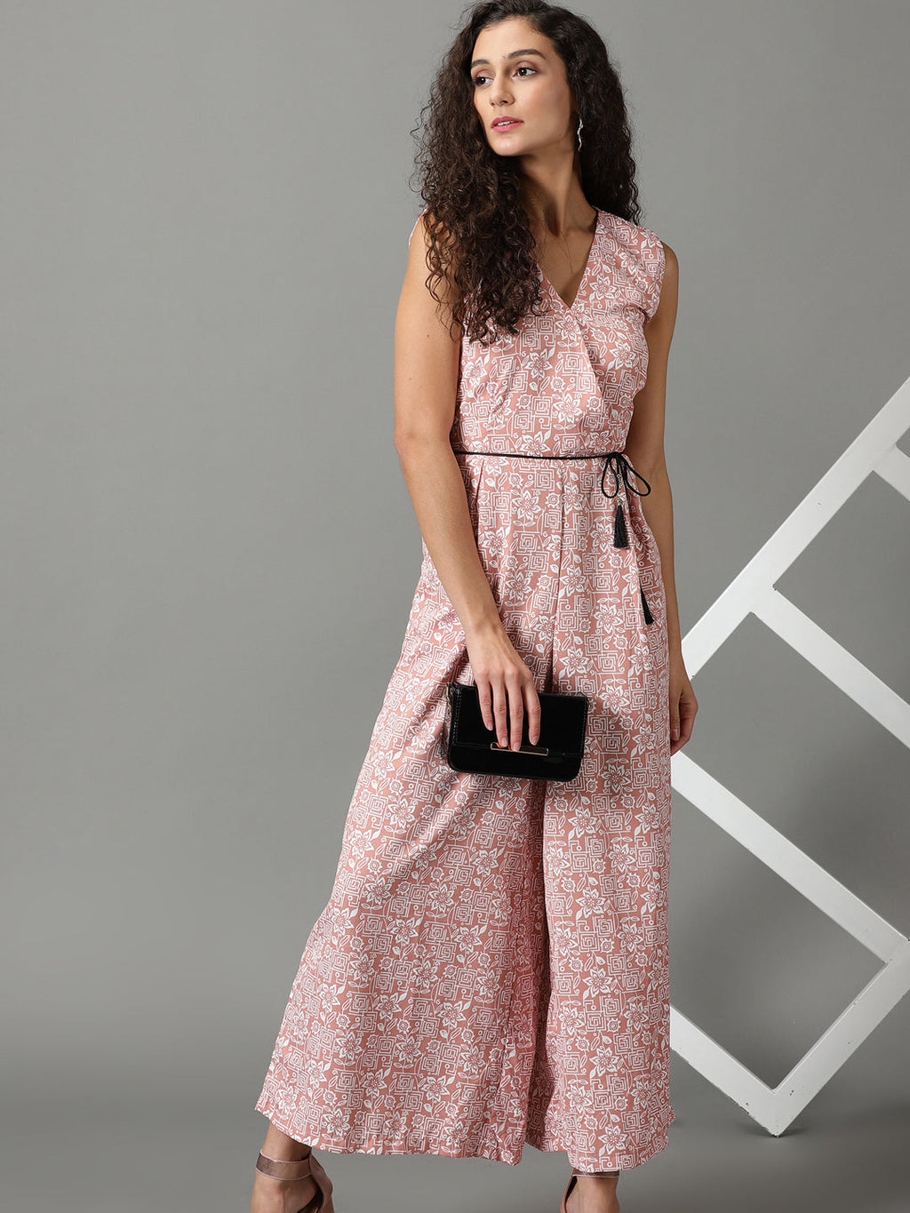 Women's Mauve Floral Printed V-Neck Culotte Jumpsuit With Waist Tie-Ups