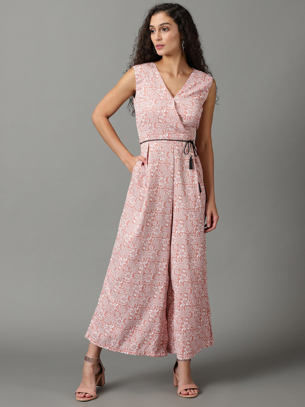 Women's Mauve Floral Printed V-Neck Culotte Jumpsuit With Waist Tie-Ups