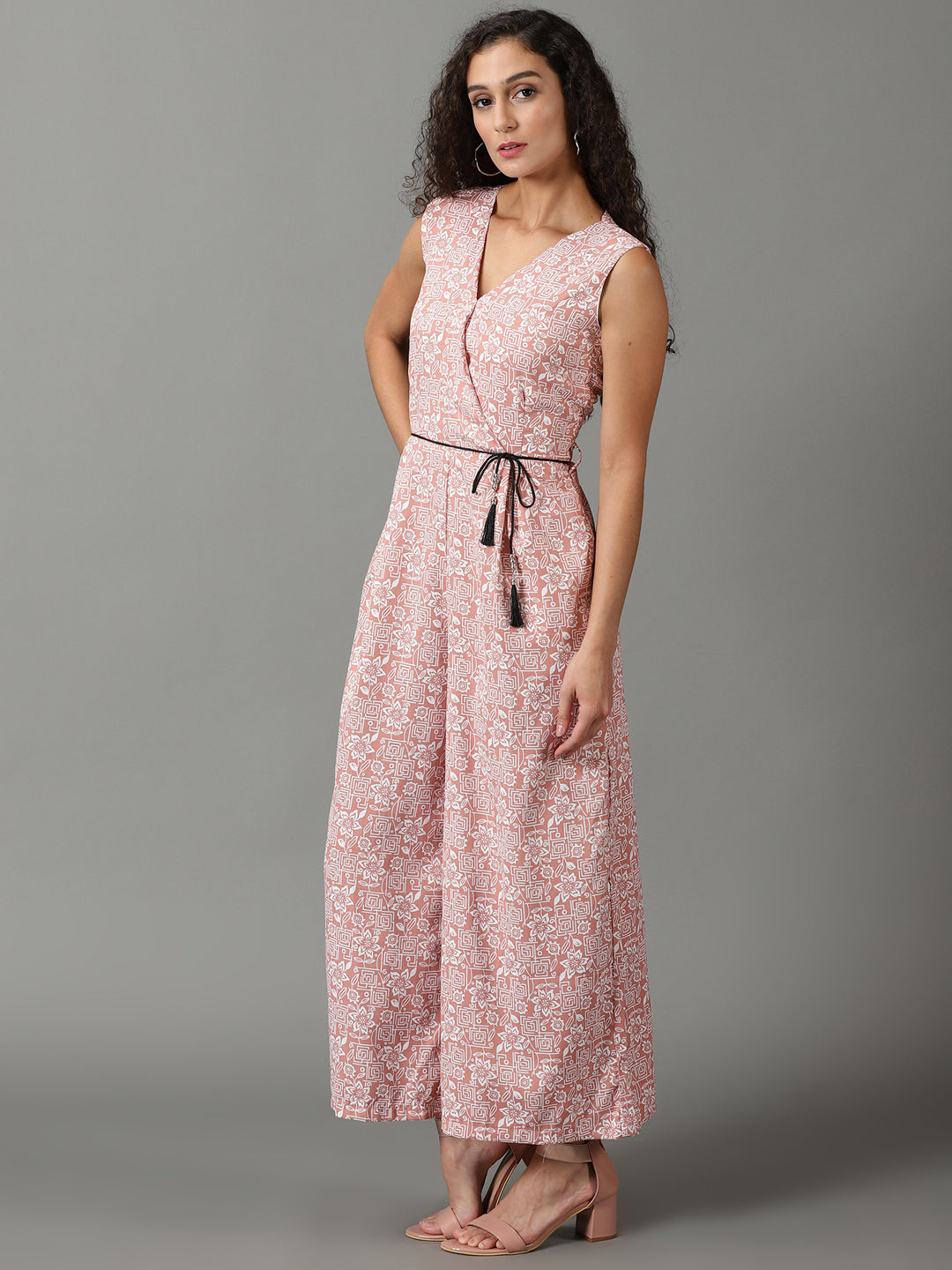 Women's Mauve Floral Printed V-Neck Culotte Jumpsuit With Waist Tie-Ups