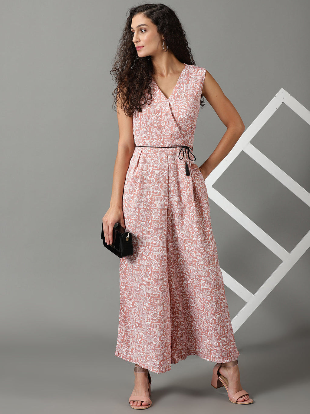 Women's Mauve Floral Printed V-Neck Culotte Jumpsuit With Waist Tie-Ups