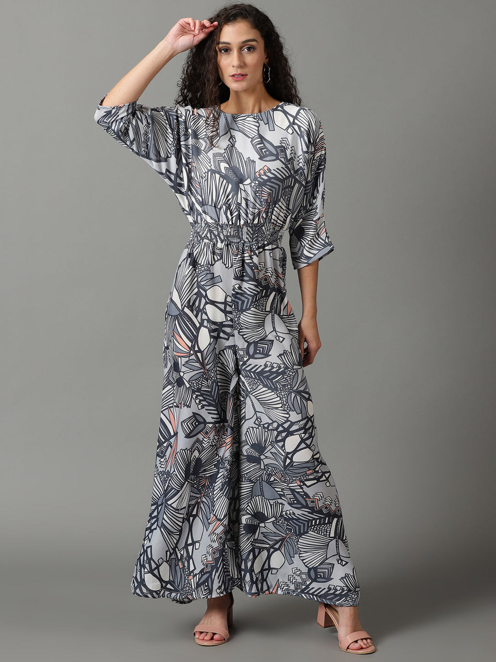 Women's Blue Floral Printed Boat Neck Basic Jumpsuit