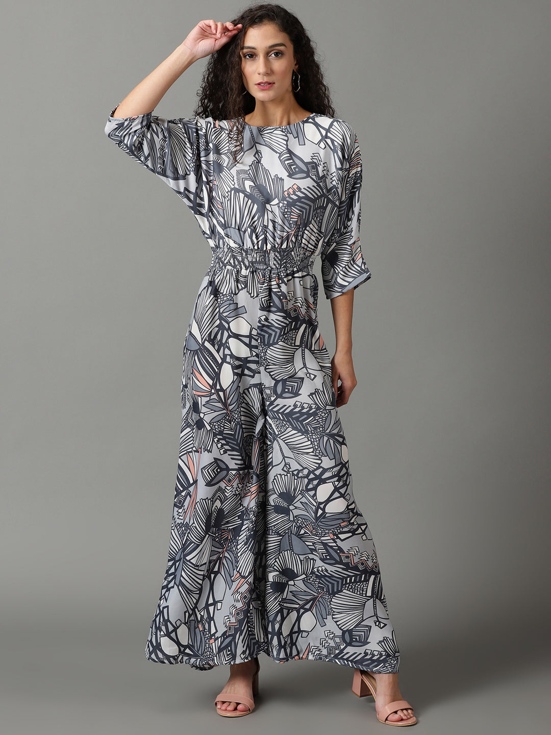 Women's Blue Floral Printed Boat Neck Basic Jumpsuit
