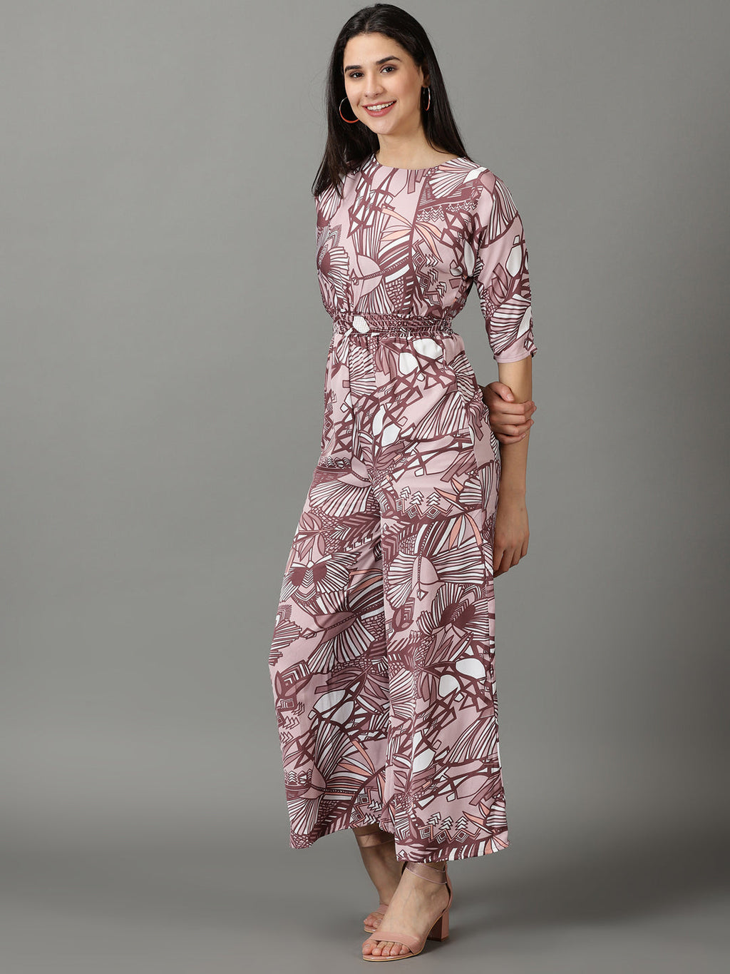 Women's Pink Floral Printed Basic Jumpsuit With Smocking