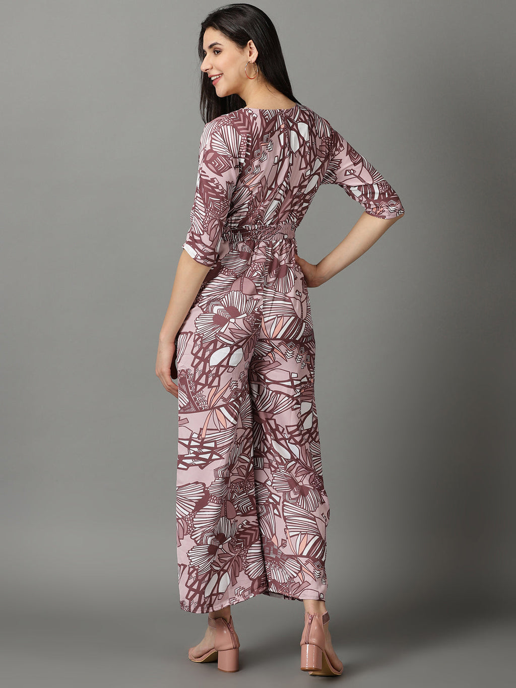 Women's Pink Floral Printed Basic Jumpsuit With Smocking