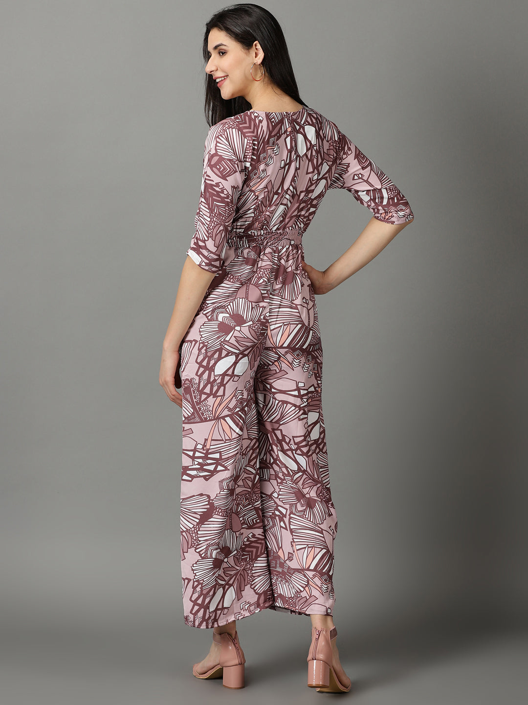 Women's Pink Floral Printed Basic Jumpsuit With Smocking