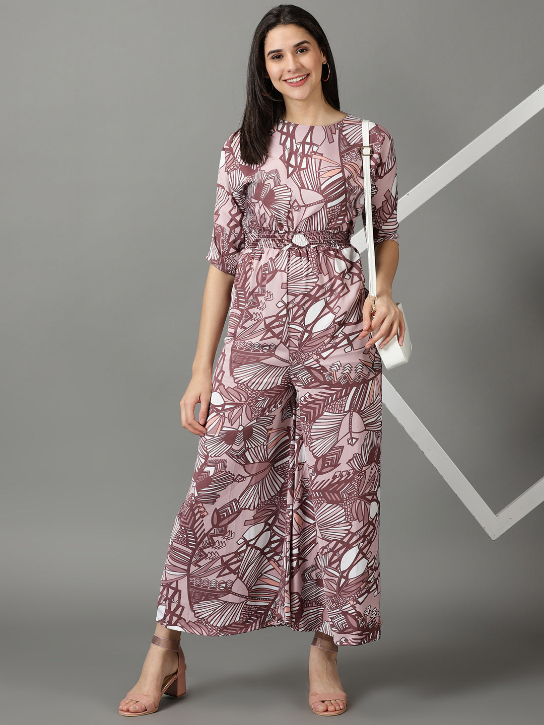 Women's Pink Floral Printed Basic Jumpsuit With Smocking