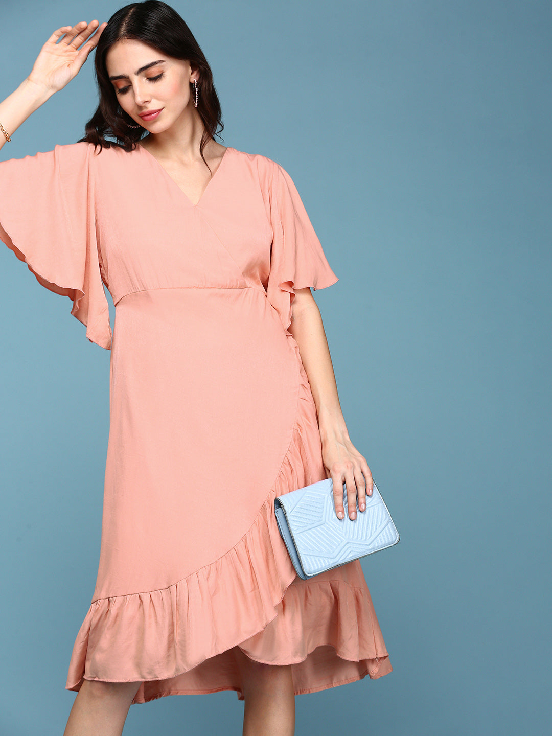 Women's Peach V-Neck A-Line Dress