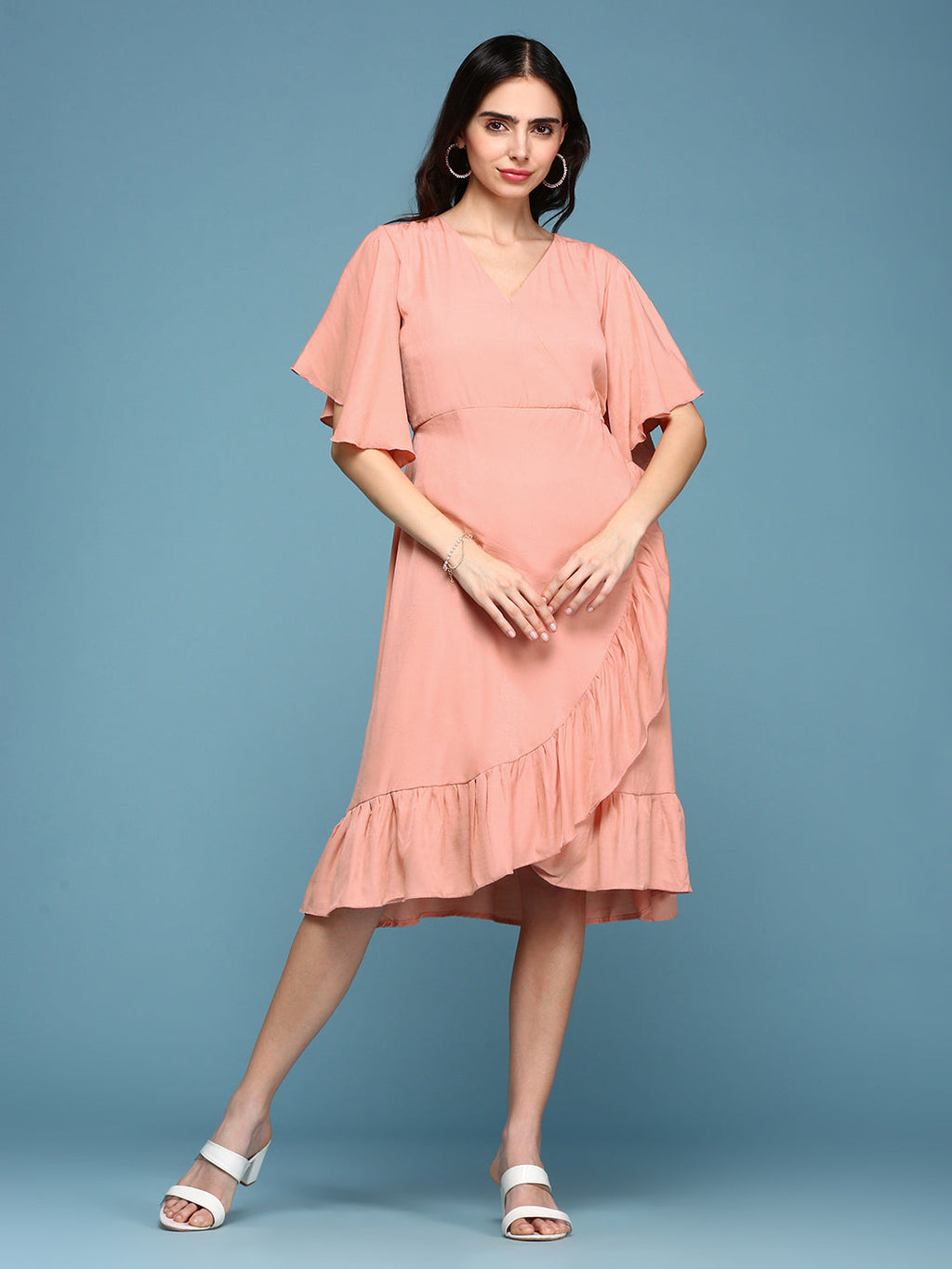 Women's Peach V-Neck A-Line Dress