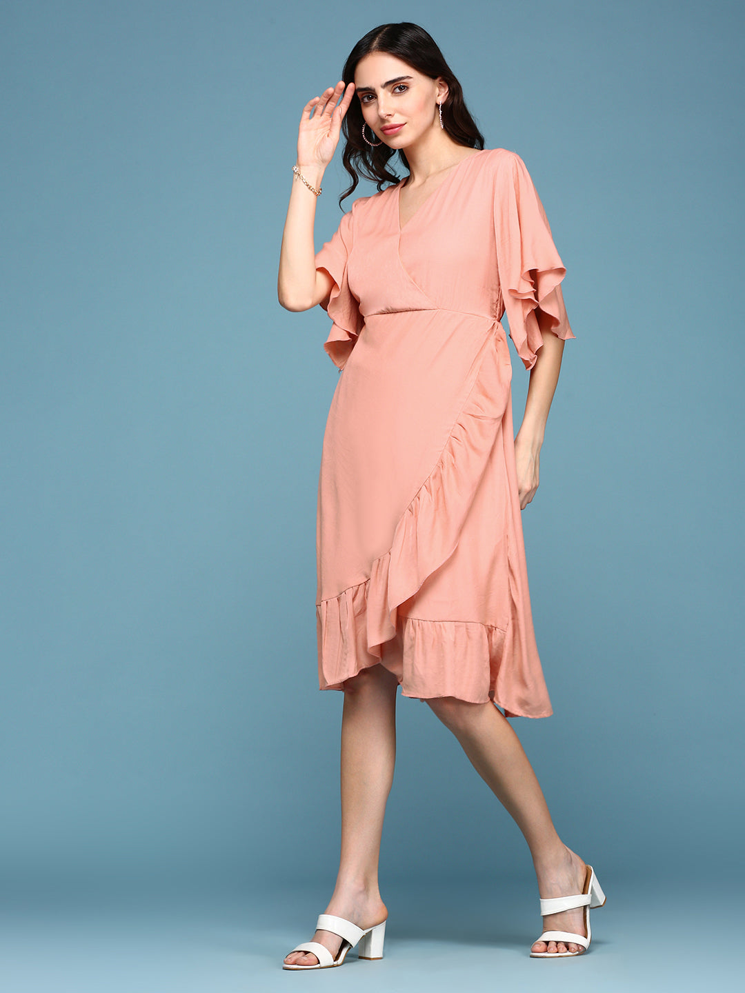 Women's Peach V-Neck A-Line Dress