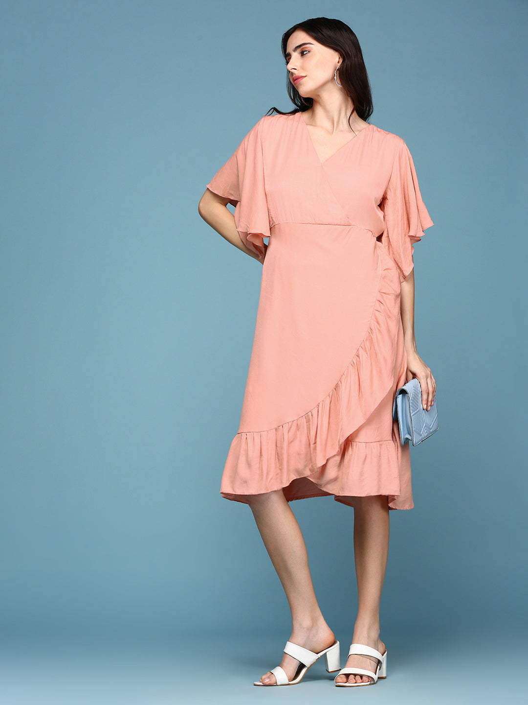 Women's Peach V-Neck A-Line Dress
