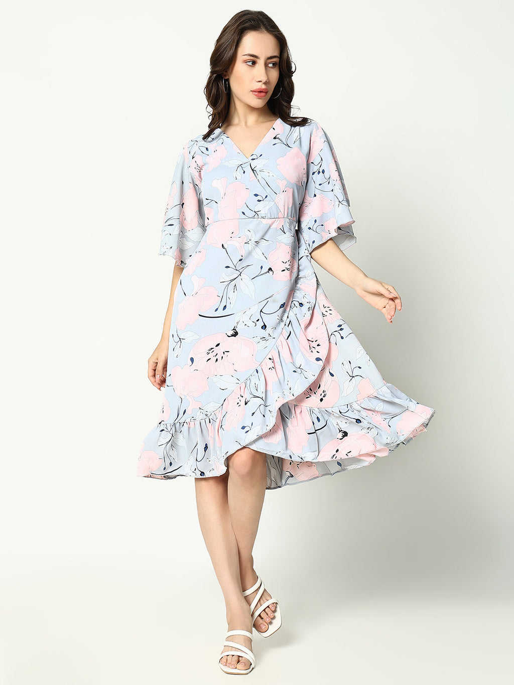 Women's Grey Floral Printed V-Neck Wrap Midi Dress