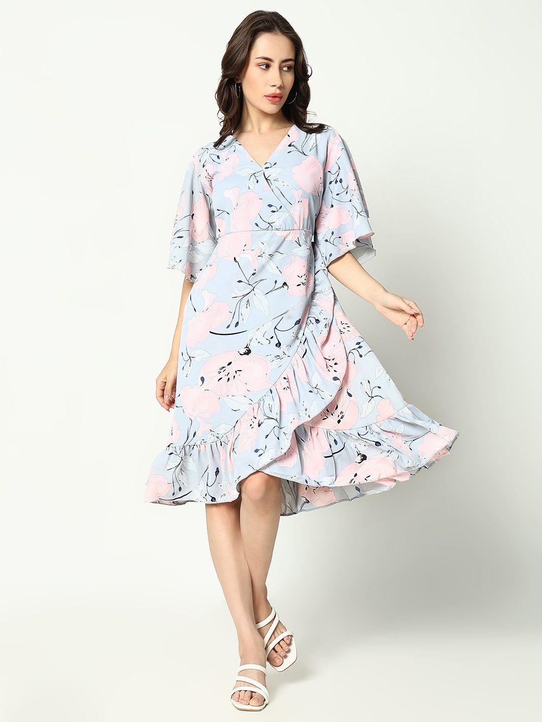 Women's Grey Floral Printed V-Neck Wrap Midi Dress