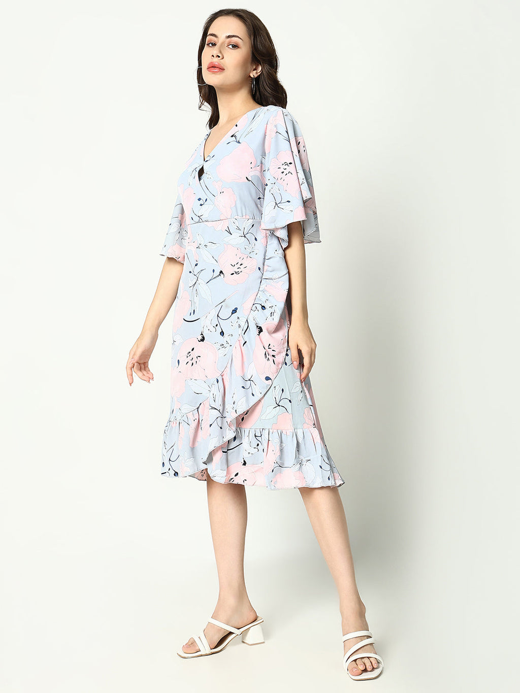 Women's Grey Floral Printed V-Neck Wrap Midi Dress