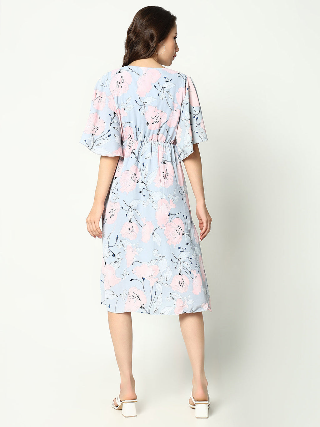 Women's Grey Floral Printed V-Neck Wrap Midi Dress