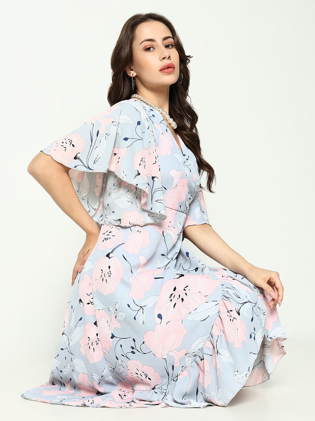 Women's Grey Floral Printed V-Neck Wrap Midi Dress
