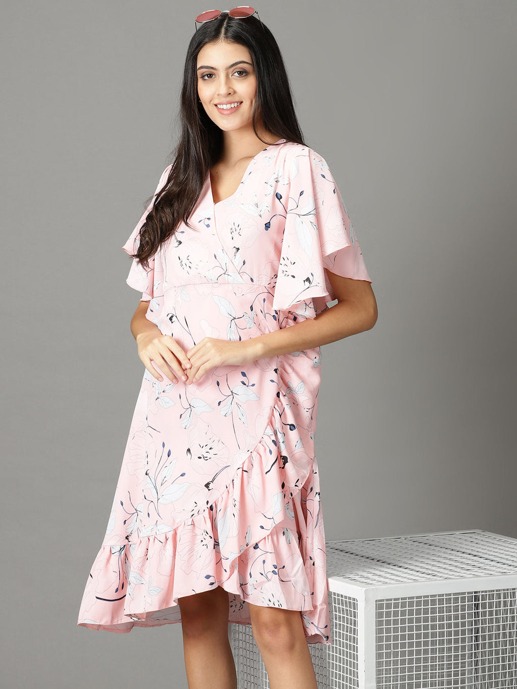 Women's Peach Floral Chiffon Wrap Dress
