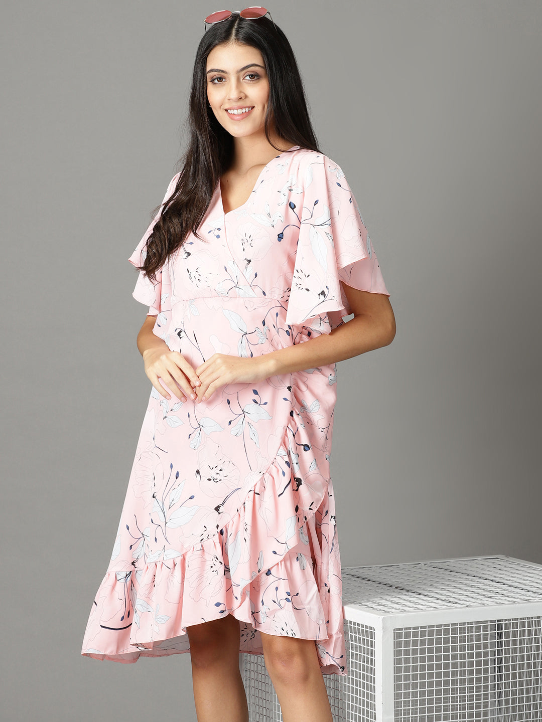 Women's Peach Floral Chiffon Wrap Dress