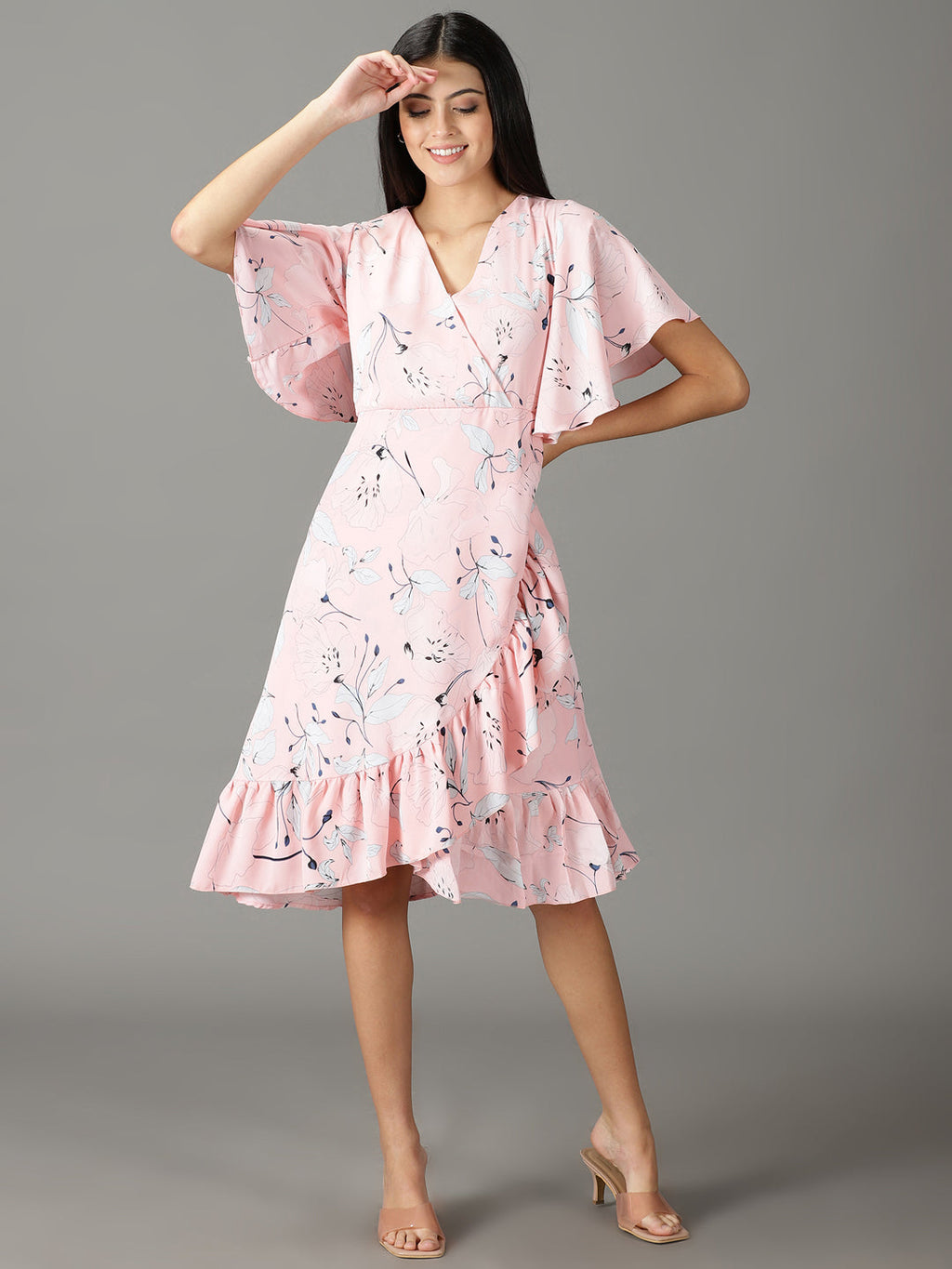 Women's Peach Floral Chiffon Wrap Dress